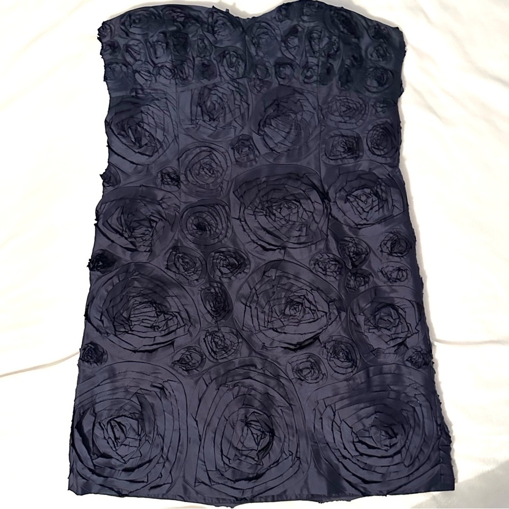 J. Crew 100% Silk Rose Strapless Mini Dress 12 Navy Blue 3D Rosette Flowers NWT